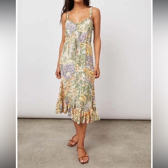 Evereve Rails Adalyn Midi Dress in Gardenia Floral Print Green Yellow Ruffle S - Picture 2 of 16